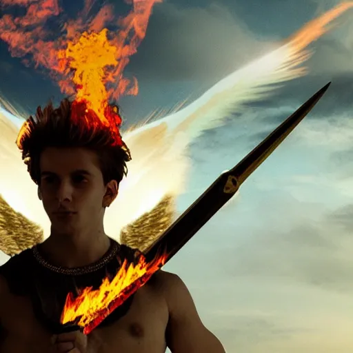 Prompt: strong, masculine angel holding a flaming sword in the sky