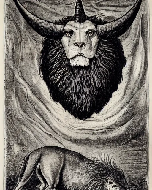 Image similar to a creature with the body and eyes of a man, with the beak of an eagle, the mane of a lion, and the horns of an ox. drawn by francis bacon