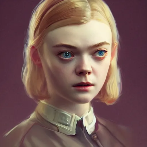 Prompt: ultra realistic medium shot head and shoulders masterpiece matte portrait painting of elle fanning in dishonored, cosmic horror, artstation, art by frank frazetta and sachin teng, 4 k, ultra realistic, highly detailed, epic lighting