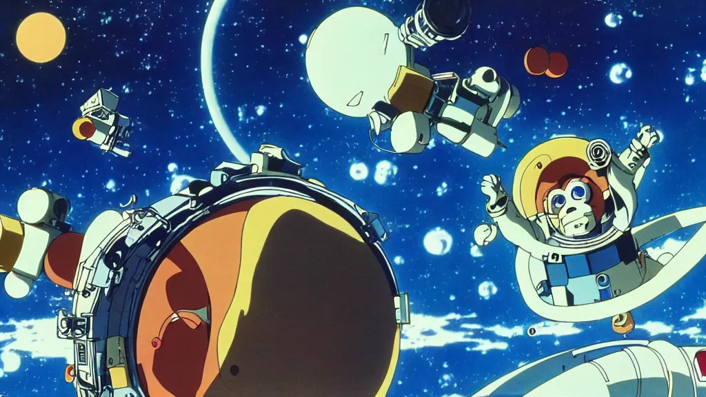 Image similar to monkey exploring space, anime film still from the an anime directed by katsuhiro otomo with art direction by salvador dali, wide lens