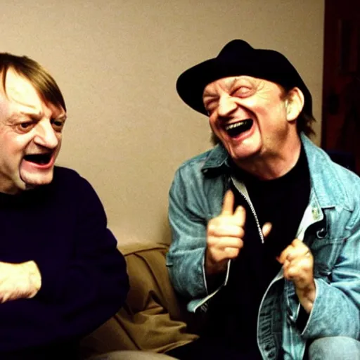 Image similar to Mark E Smith laughing at Fred Durst who is crying and screaming