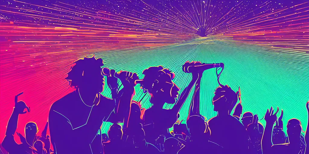 Image similar to rapping into microphone, silhouette, huge crowd, outrun, hip hop, digital art, Aurora borealis, trending on Artstation, professional artist, detailed, 4k