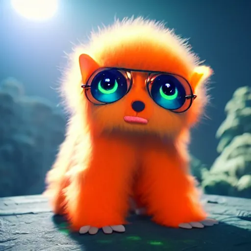 Prompt: ultra-realistic ultra-detailed adorable fluffy bioluminiscent creature, orange fur, beautiful light big eyes, big round glasses, blue witch hat, tiny mouth, 😅 , clean white background, DOF, soft lighting, octane rendering, unreal engine render, ultra detailed cinematic