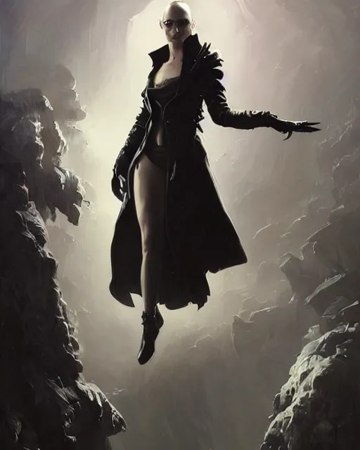 Image similar to beautiful fantasy character portrait, natalie portman, wearing oversized black trench coat, ultra realistic, wide angle, dramatic lighting, vultures, cyberpunk artifacts, highly detailed by peter mohrbacher, hajime sorayama, wayne barlowe, boris vallejo, aaron horkey, gaston bussiere, craig mullins