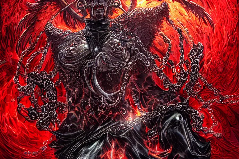 Image similar to lucifer, dark angel, demon, satan, red eyes, chain, handcuffs, large chain, wide open mouth, scream, cruelty, light effect, hyper detailed, intricate, elegant, highly detailed, digital painting, artstation, concept art, matte, sharp focus, illustration, by dan mumford, yusuke murata, makoto shinkai, ross tran