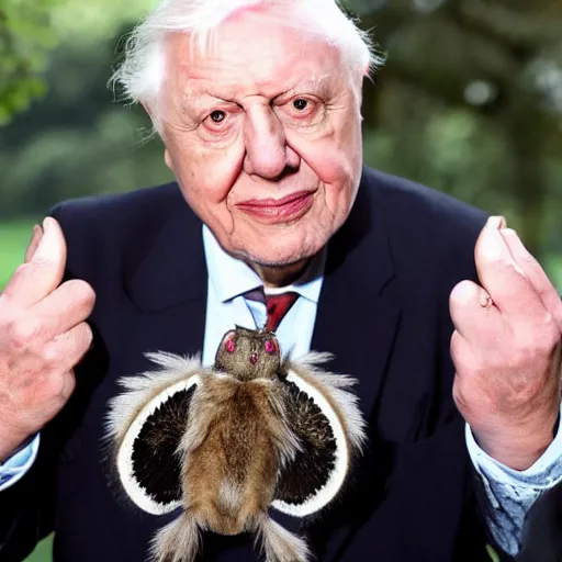 Image similar to Sir David Attenborough next to a small Mothman