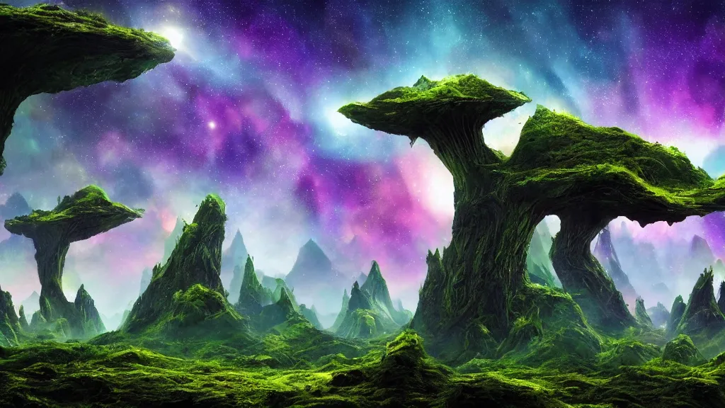 Prompt: an alien landscape view, alien sky, star in the sky, alien waterfall, weird alien trees, alien colorful greenery, alien mountains, epic composition, 4 k, detailed, realistic