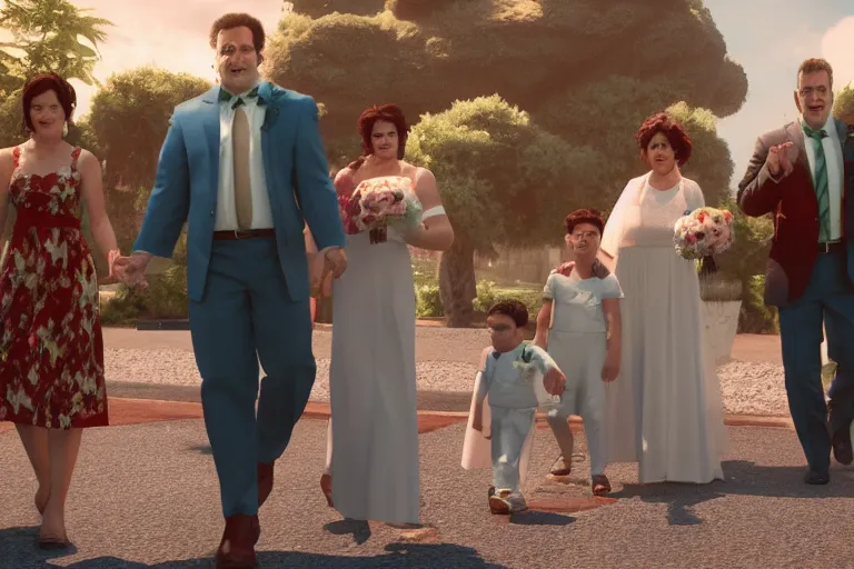 Prompt: a still from My Big Fat Greek wedding, wedding, wedding, with Fox McCloud and Fox McCloud and godzilla, octane render, nvidia raytracing demo, masterpiece