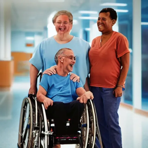 Image similar to a male patient in a wheelchair in the hospital with his wife and son standing by. happy, cheerful, smiling, cinematic lighting, art by emiliya lane, margaret dyer