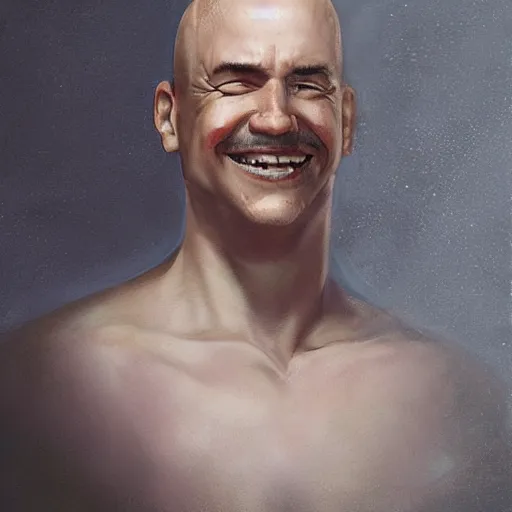 Image similar to a head - on detailed oil portrait of a handsome round - faced bald man with a friendly smile, by charlie bowater, lise deharme, wlop, trending on artstation, dungeon and dragons art, critical role