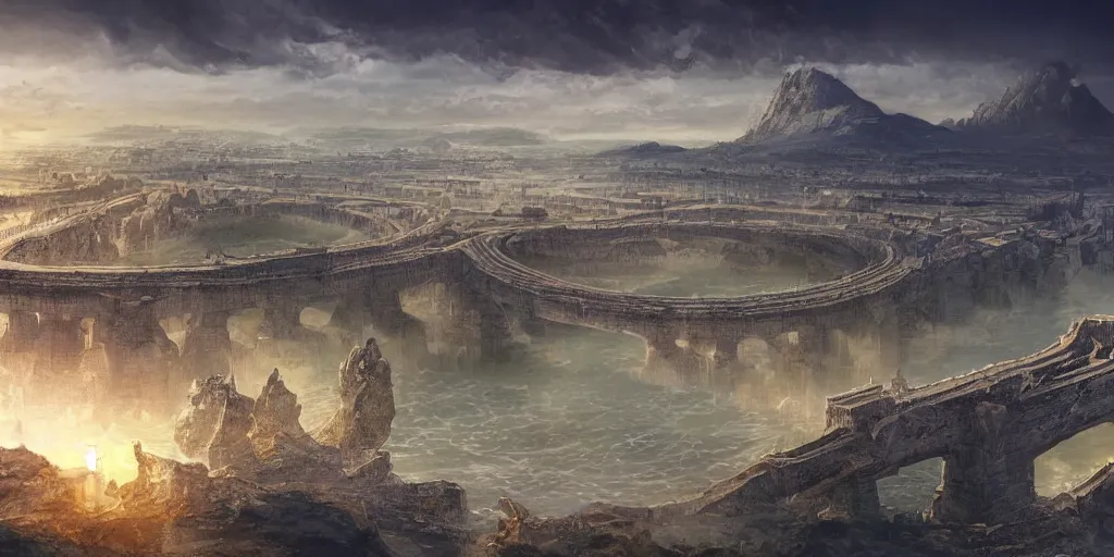 Prompt: illustration, concept illustration, a single giant ancient city on a single bridge, giant continent bridge build over the ocean in a straight line that developed into a grand city, fading into the distance