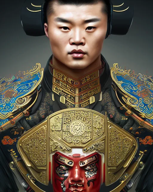 Image similar to portrait of a chinese masculine male cyberpunk machine, machine face, upper half portrait, decorated with chinese opera motifs, muscular, asian, fine china, wuxia, traditional chinese art intricate intense elegant 京 剧 highly detailed digital painting artstation concept art smooth sharp focus illustration, art by artgerm and greg rutkowski alphonse mucha 8 k