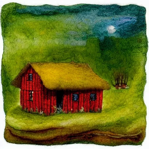 Image similar to small wooden house in the middle of spring forest, bright colours, watercolor, volumetric wool felting, macro photography, children illustration, by michael sowa