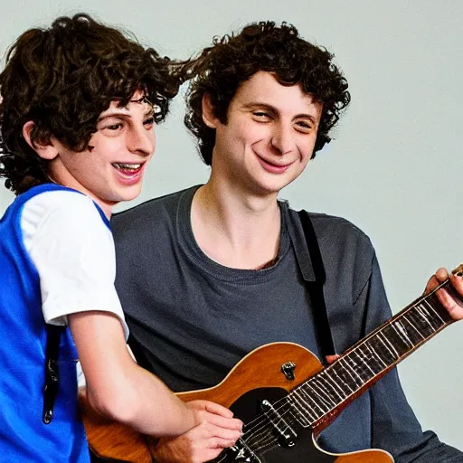 Prompt: a screenshot of Mac Demarco playing guitar with Finn Wolfhard