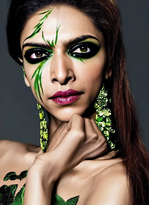 Image similar to A beautiful portrait of Deepika Padukone as Poison Ivy from Batman as a Versace fashion model Spring/Summer 2012, highly detailed, in the style of cinematic, Getty images, Milan fashion week backstage, Makeup by Pat McGrath, Greg rutkowski