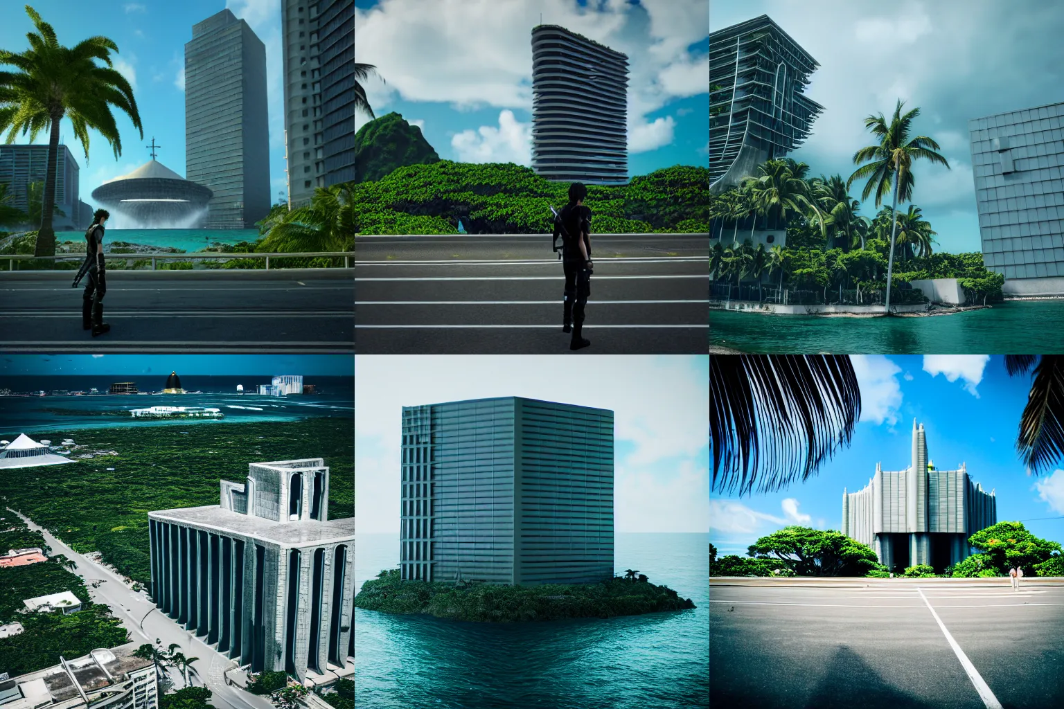 Prompt: a photo by Shulman of a Final Fantasy 15 like huge building, realistic, tropical, island, 8k, architecture, real photo by f/11 34mm low iso. total view of.the building. movie documentary scene.