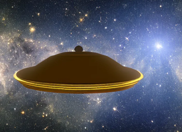 Image similar to hubble space telescope photograph of a giant alien gold colored flying saucer, hd, 4 k, realistic, award winning