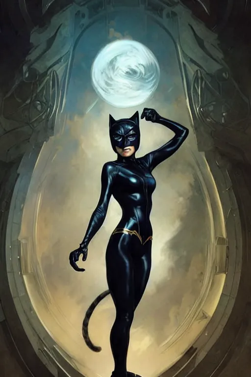 Image similar to aeon flux as cat woman picture by Greg Rutkowski, dynamic pose, matte painting, intricate, fantasy concept art, elegant, by Stanley Artgerm Lau, WLOP, golden ratio, thomas kindkade, alphonse mucha, loish, Peter chung, norman Rockwell,
