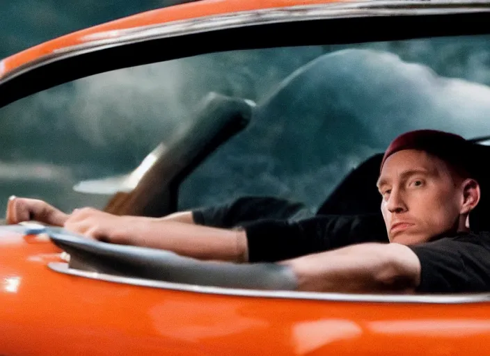 Image similar to a very high resolution image from a new movie, eminem driving a car. inside of a car. alone. mountains, directed by wes anderson