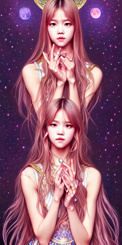 Image similar to lalisa manoban of blackpink, goddess of the moon, tarot card, highly detailed, digital painting, smooth, sharp focus, illustration, ultra realistic, 8 k, art by artgerm and alphonse mucha