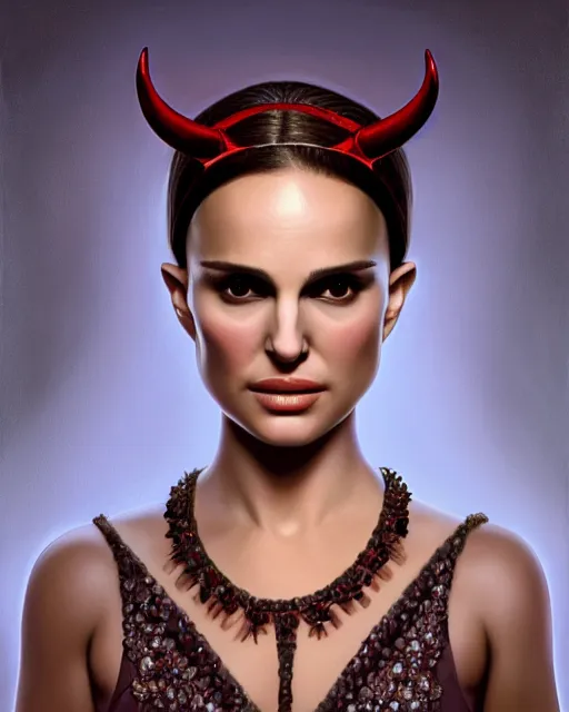 Image similar to Natalie Portman, wearing devil horns headband, very detailed portrait, ultrarealistic, dramatic lighting, electrical details, high details, 4k, 8k, best, accurate, trending on artstation, fur, artstation, photorealism, ultrarealistic, digital painting, style of Dali, Caravaggio, Boris Vallejo