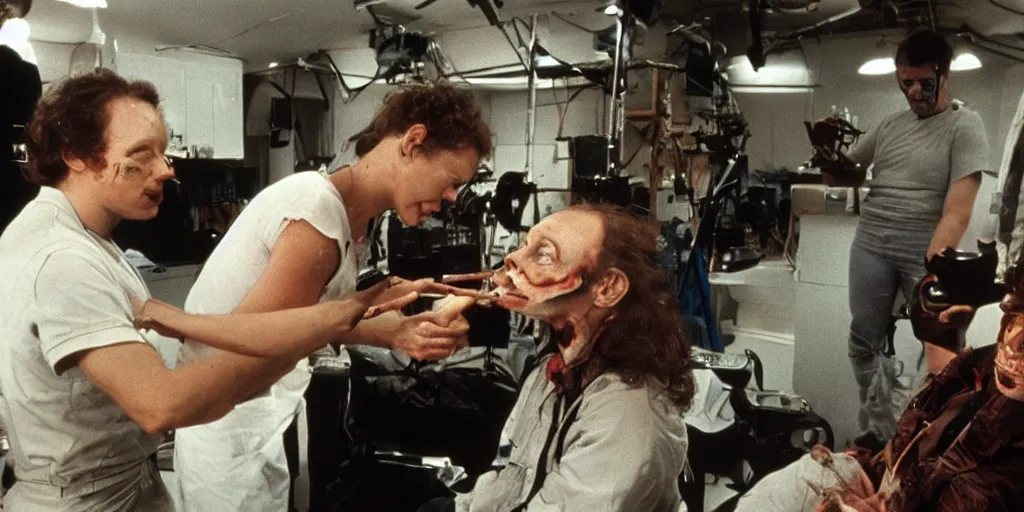 Prompt: color film still, behind the scenes of filming, staff applying makeup to actors. ; alien 2 ( 1 9 8 6 )