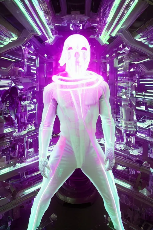 Prompt: full-body baroque and cyberpunk style neon statue of a attractive muscular translucent Joe Jonas as a humanoid deity wearing a thin see-through plastic hooded cloak sim roupa, posing like a superhero, glowing white face, crown of white lasers, large diamonds, swirling white silk fabric. futuristic elements. oozing glowing liquid, full-length view. space robots. human skulls. throne made of bones, intricate artwork by caravaggio. Trending on artstation, octane render, cinematic lighting from the right, hyper realism, octane render, 8k, depth of field, 3D