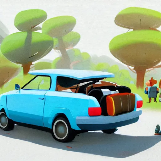 Prompt: goro fujita ilustration rear view of a car equipped with suitcases heading to the forest on a sunny day, painting by goro fujita, sharp focus, highly detailed, artstation