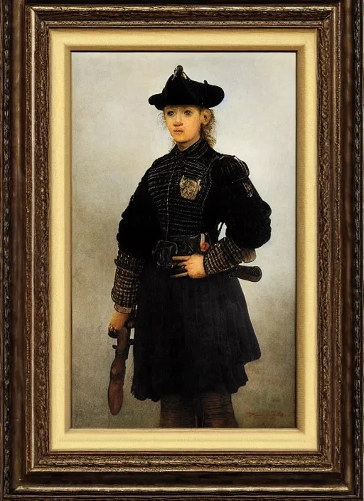 Prompt: female in police uniform. by rembrandt 1 6 6 7
