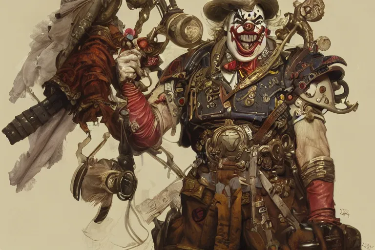 Image similar to full portrait of warhammer 4 0 clown, fantasy, detailed, by alphonse mucha, adolfo hohenstein, alice russell glenny, stanley artgerm lau, greg rutkowski, detailed, trending on artstation, trending on artstation, smooth