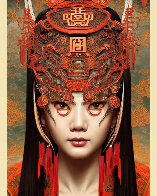 Prompt: portrait of a machine, machine face, upper half portrait, decorated with chinese opera motifs, asian, bian lian, traditional chinese art, intricate, elegant, highly detailed, symmetry, digital painting, artstation, concept art, smooth, sharp focus, illustration, art by artgerm and greg rutkowski and alphonse mucha, 8 k