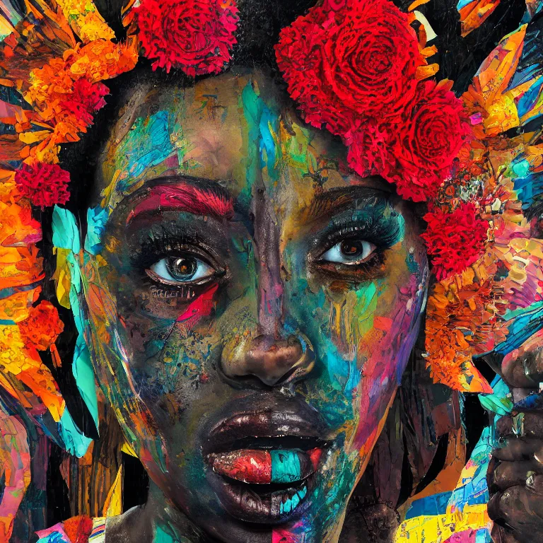 Prompt: beautiful symmetrical portrait of a crazy flower head black woman, her skin made with colorful mixed media collage patterns, abstract, by picasso and greg rutkowski, hyper detailed painting, distance, surreal, 8 k,