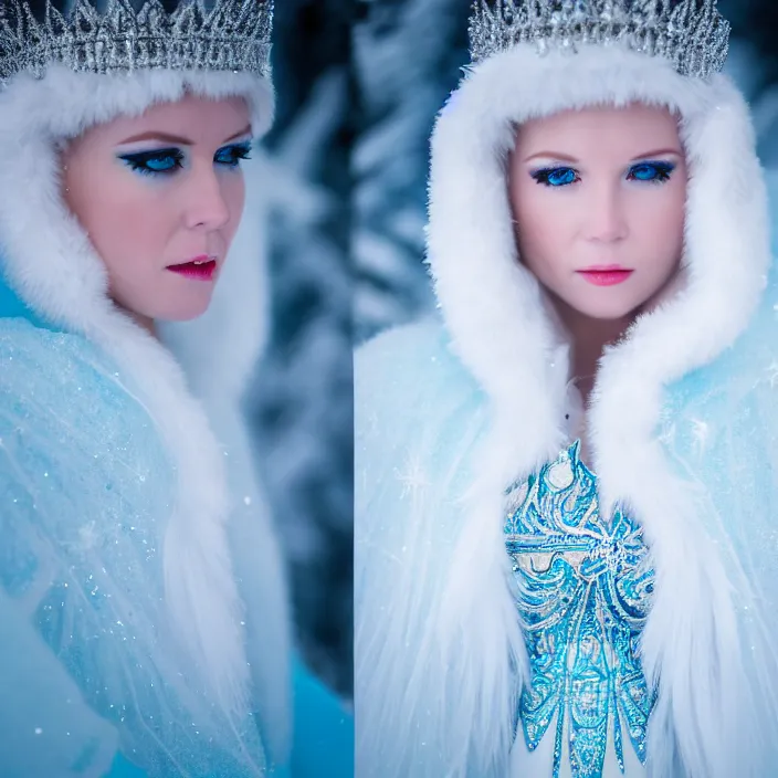 Image similar to professional photograph of a real - life ice queen with ornate robes. extremely detailed. dslr. 2 0 0 mm 8 k
