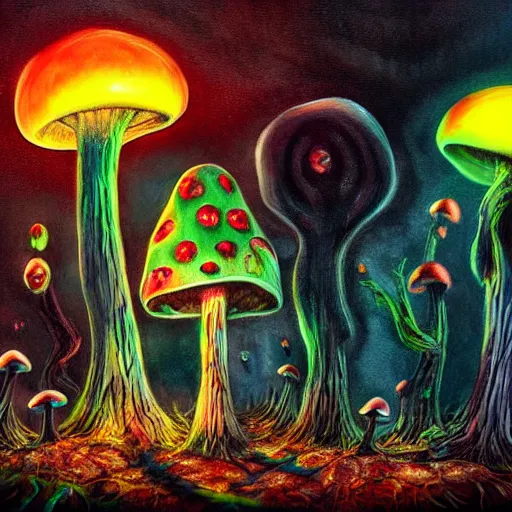 Prompt: a mushroom firefighter, light and shadow, glowing, vivid, detailed painting, by tim burton, high detail, trending on artsation, masterpiece, award winning