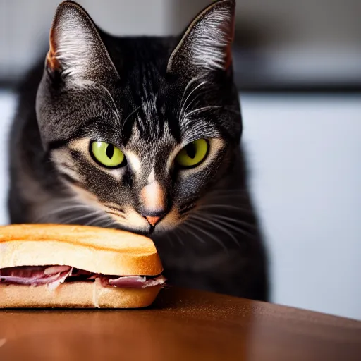 Image similar to a cat makes a ham sandwich in a kitchen, 85mm f1.8