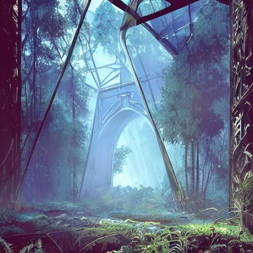 Image similar to overgrown derelict portal in a middle of a futuristic forest, world seen only through a portal, daylight, cinematic lighting, blue sky, syd mead, john harris