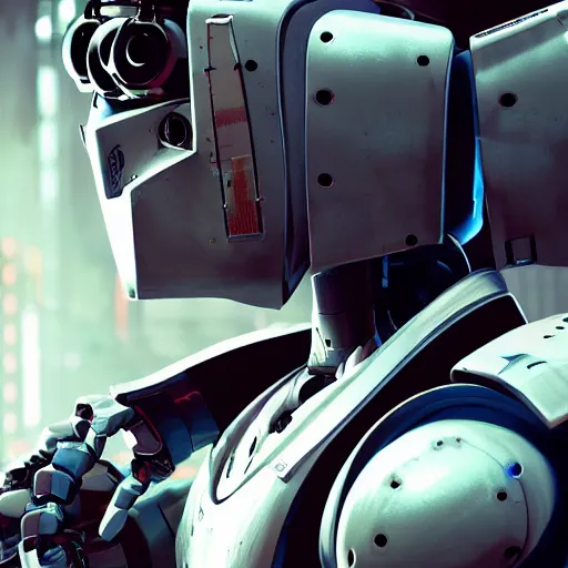 Image similar to a closeup shot of a robot being repaired in warehouse,cyberpunk,2077,big mecha,gundam,realistic,8k
