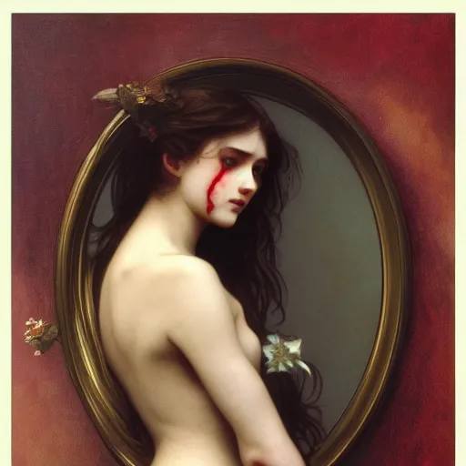 Prompt: faceless girl bleeding into a mirror, intricate, art by artgerm and greg rutkowski and alphonse mucha and william - adolphe bouguereau, high detailed, 4 k,