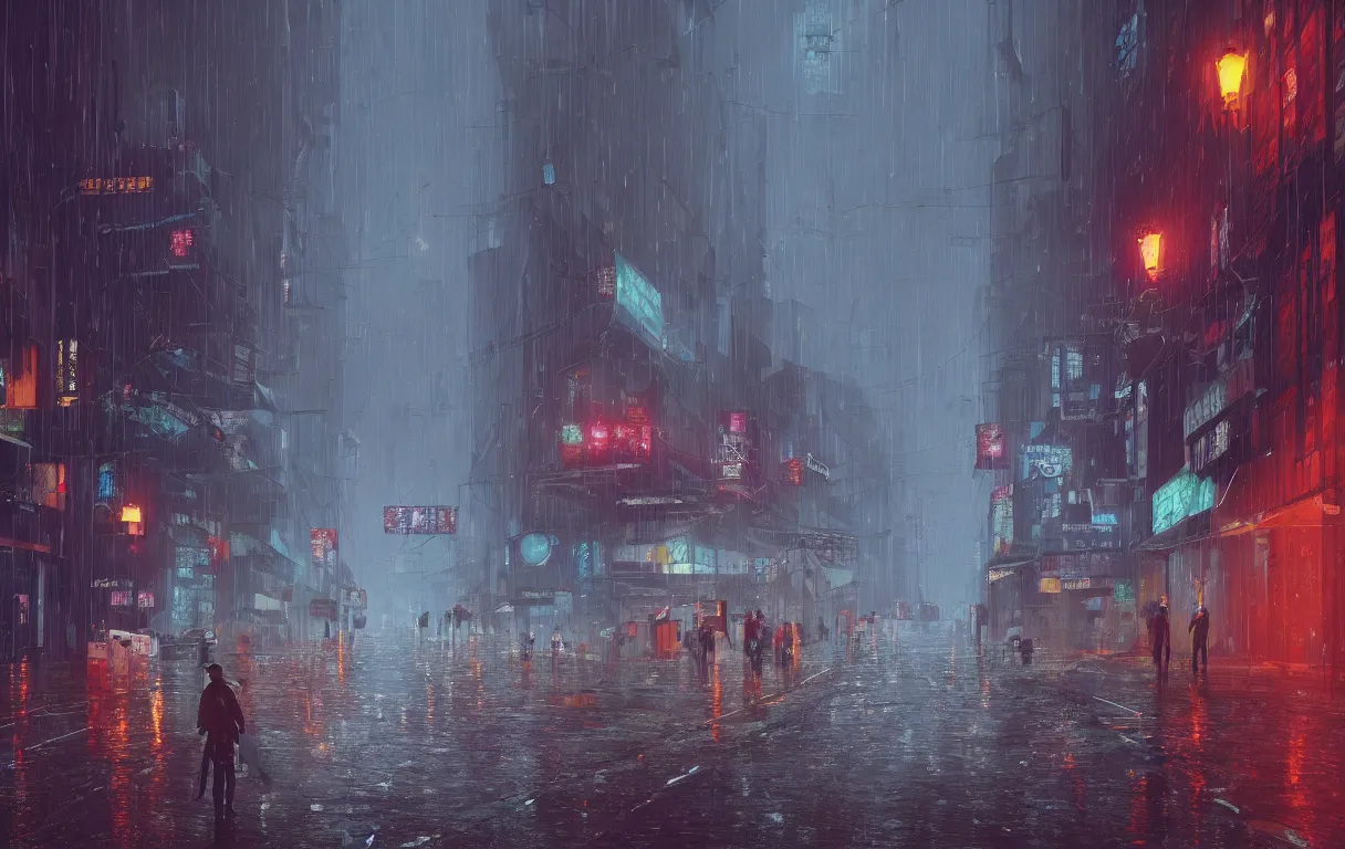 Image similar to A digital painting of a close-up view of a raining cyberpunk street in Guangzhou, some street lights and padestrians, by Ismail Inceoglu and Caspar David Friedrich, 4k, ue5, light effect, rtx on, realistic, cinematic, trending on artstation