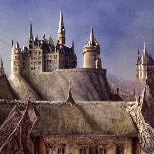 Image similar to cinematic still of 🏰🧙🧟, Alan Lee, illustration, directed by Stephen Spielberg, Wes Anderson