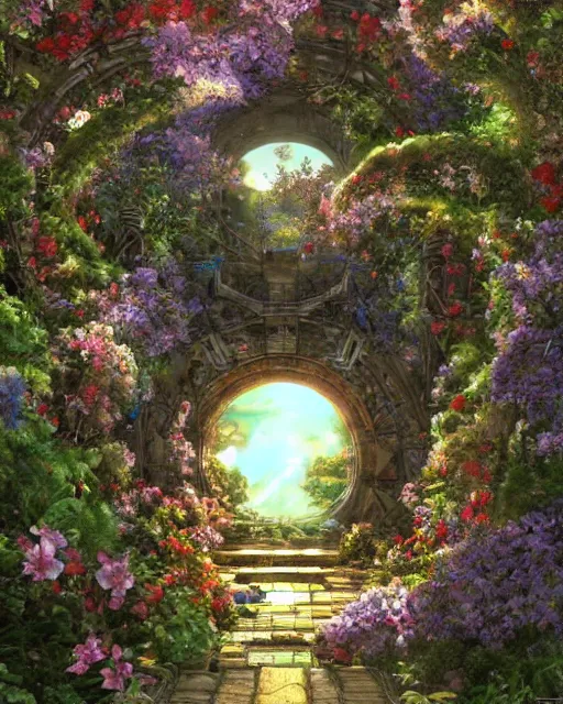 Image similar to portal to paradise, 8 k high definition, advanced technology, beams of energy, pathway, flowers, machines, perfect relationship, love, masterpiece, art by akihiko yoshida, antilous chao, woo kim