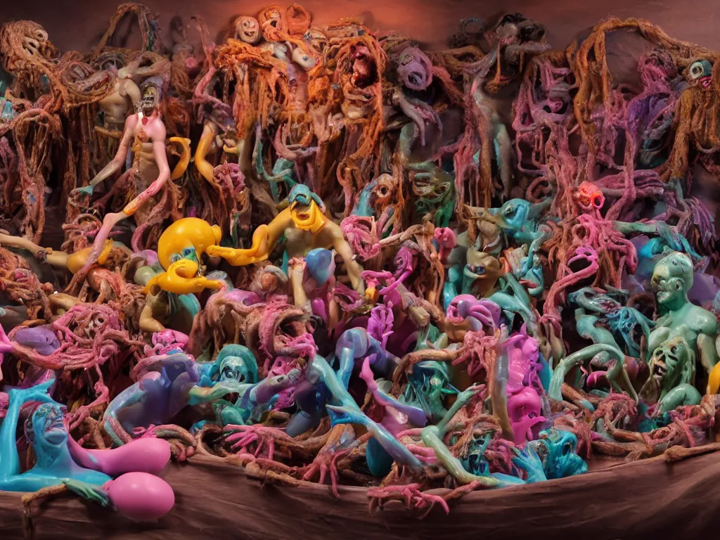 Image similar to diorama of the raft of the medusa as an animatronic schlock body horror comedy film, fun, animatronic figures, Sally Corporation, Garner Holt, play-doh, lurid, vivid colors, neon lights, rubber latex, realistic materials, fleshy, Cronenberg, Rick Baker, daylight, photo real, wet, slimy, wide angle, rule of thirds, 28mm, 1984, Eastman EXR 50D 5245/7245