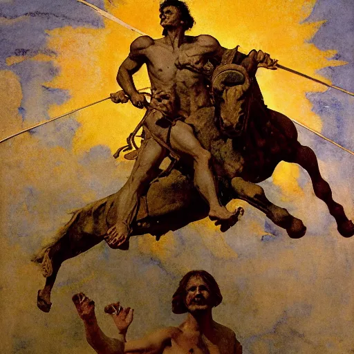 Image similar to Tragic Portrait of Phaethon the Demigod losing control of the reins of the chariot chariot that is the sun careening through the zodiac filled stratosphere. norman rockwell guillem h. poniluppi howard pyle Ilya Repin Michelangelo Buonarotti Leonardo Da Vinci rodin greg rutkowski james gurney. tombow masterpiece fresco watercolor grisaille quadratura Trompe-lœil