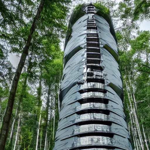 Image similar to a huge futuristic tower in the middle of a calm forest