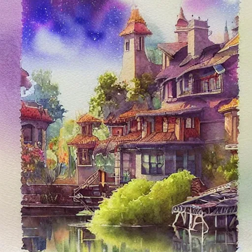 Image similar to Beautiful happy picturesque charming sci-fi town in harmony with nature. Beautiful light. Water and plants. Nice colour scheme, soft warm colour. Beautiful detailed artistic watercolor by Lurid. (2022)