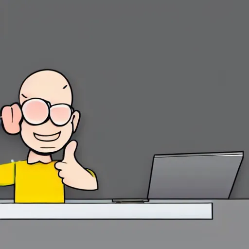 Prompt: cartoon man sitting at a desk with a laptop giving a thumbs up, computer graphics by karl ballmer, pexels, net art, stockphoto, behance hd, stock photo