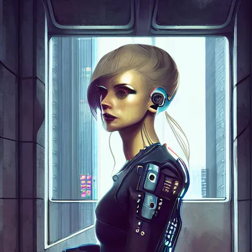 Prompt: portrait of cyberpunk woman looking out of a window, cyberpunk setting, futuristic, highly detailed, intricate lighting, digital painting, sharp focus, illustration, trending on artstation, art by kawacy.