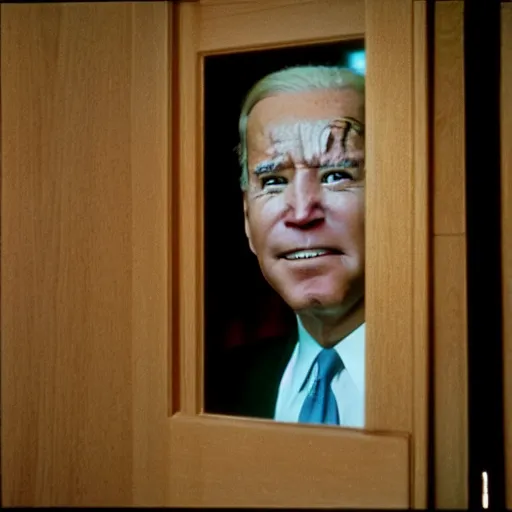 Image similar to A close-up portrait of Joe Biden manically looking through a broken door, film still from The Shining by Stanley Kubrick, Eastman Color Negative II 100T 5247/7247, ARRIFLEX 35 BL Camera