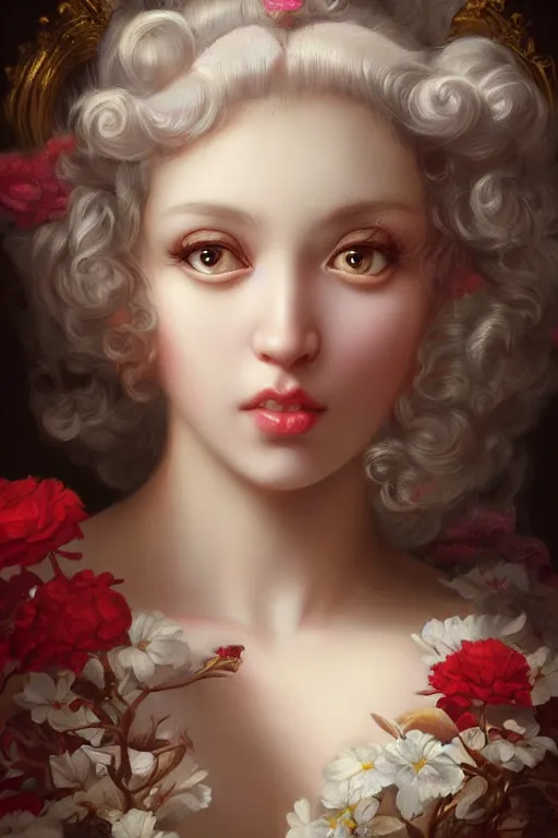 Image similar to pop surrealism, rococo, baroque hair, angelic young female seductive - fine - face, pretty face, key visual, realistic shaded perfect face, fine details by stanley artgerm lau, wlop, mark ryden, andrei riabovitchev, marc simonetti, and sakimichan, trending on artstation