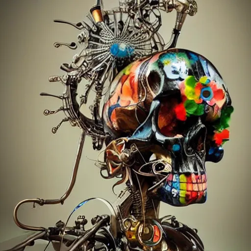 Image similar to A beautiful kinetic sculpture of a skull that is part organic, part mechanic. It is an accurate representation of how the artist sees the world. by Lori Earley, by Antoine Blanchard colorful, geometric
